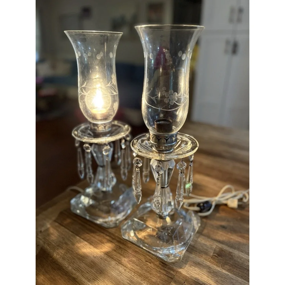 VTG Crystal Hurricane Buffet Lamps Mantle Etched Globes Prisms 15